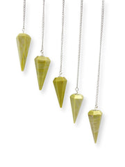 GEMSCITE serpentine pendulum set of five with chain and quartz bead, front view for meditation and divination