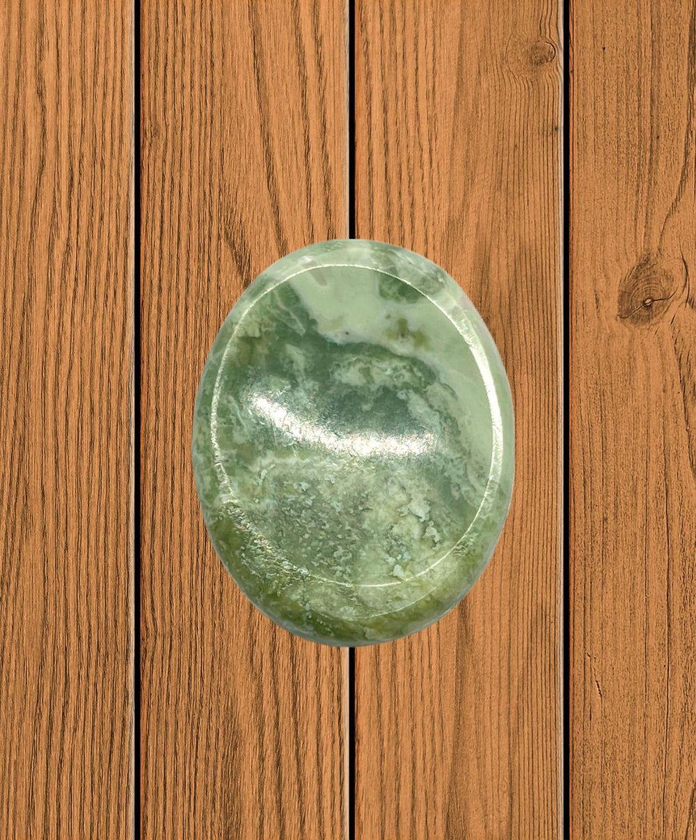 GEMSCITE Serpentine worry stone with included pouch for protection.
