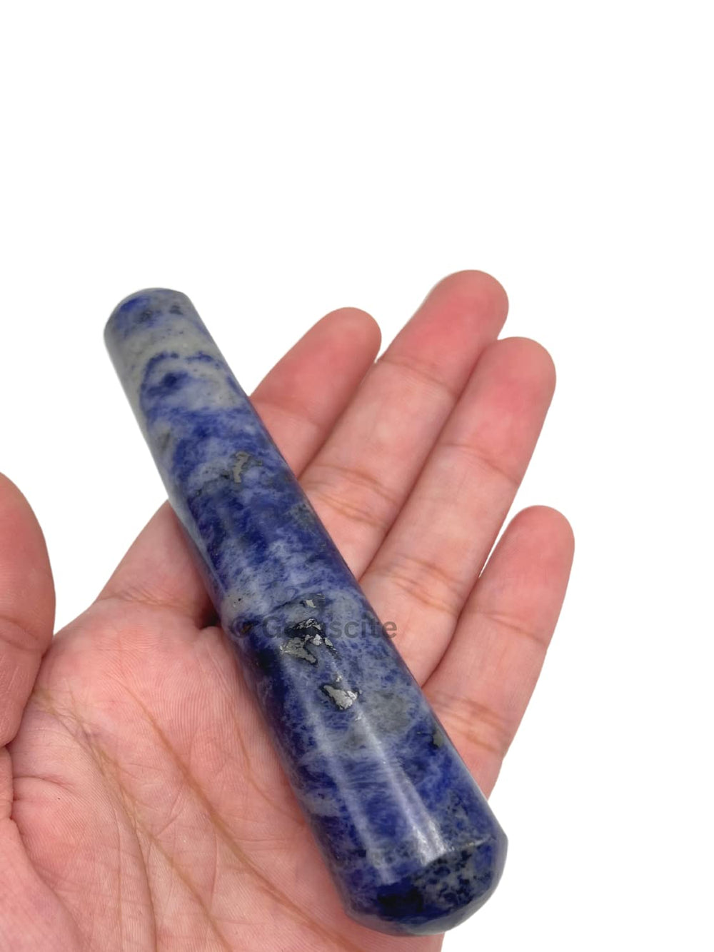 GEMSCITE Sodalite wand hand-size display for compact ritual use.