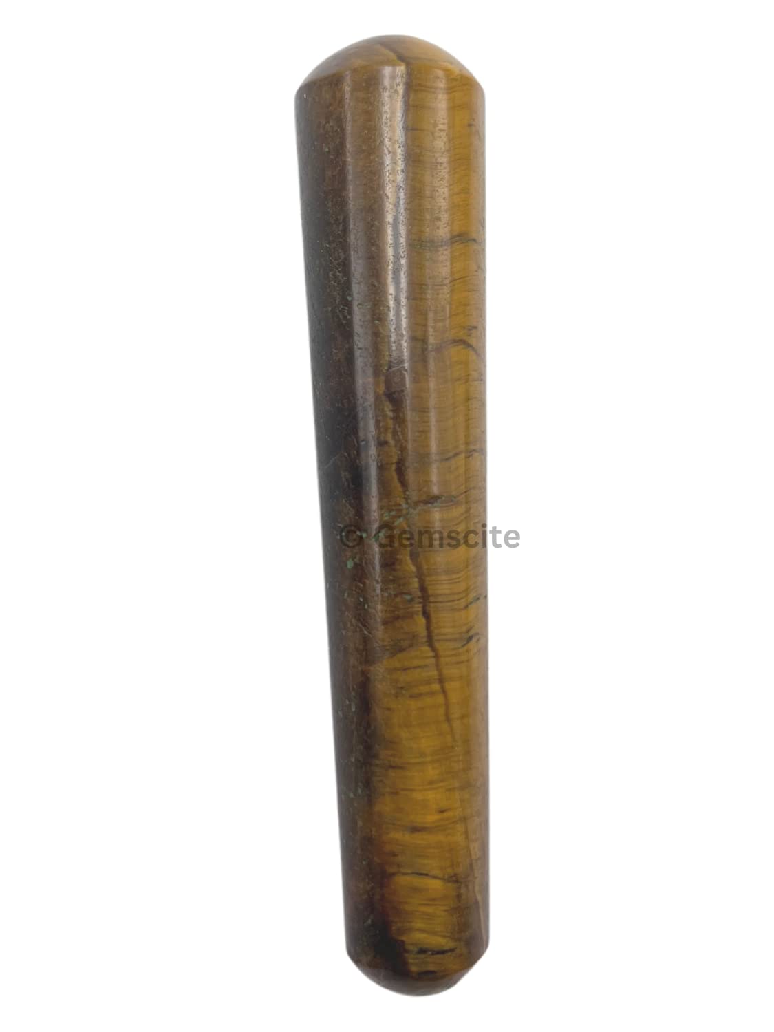 GEMSCITE Tiger Eye Wand rounded-tip chakra focus image promotes balance.