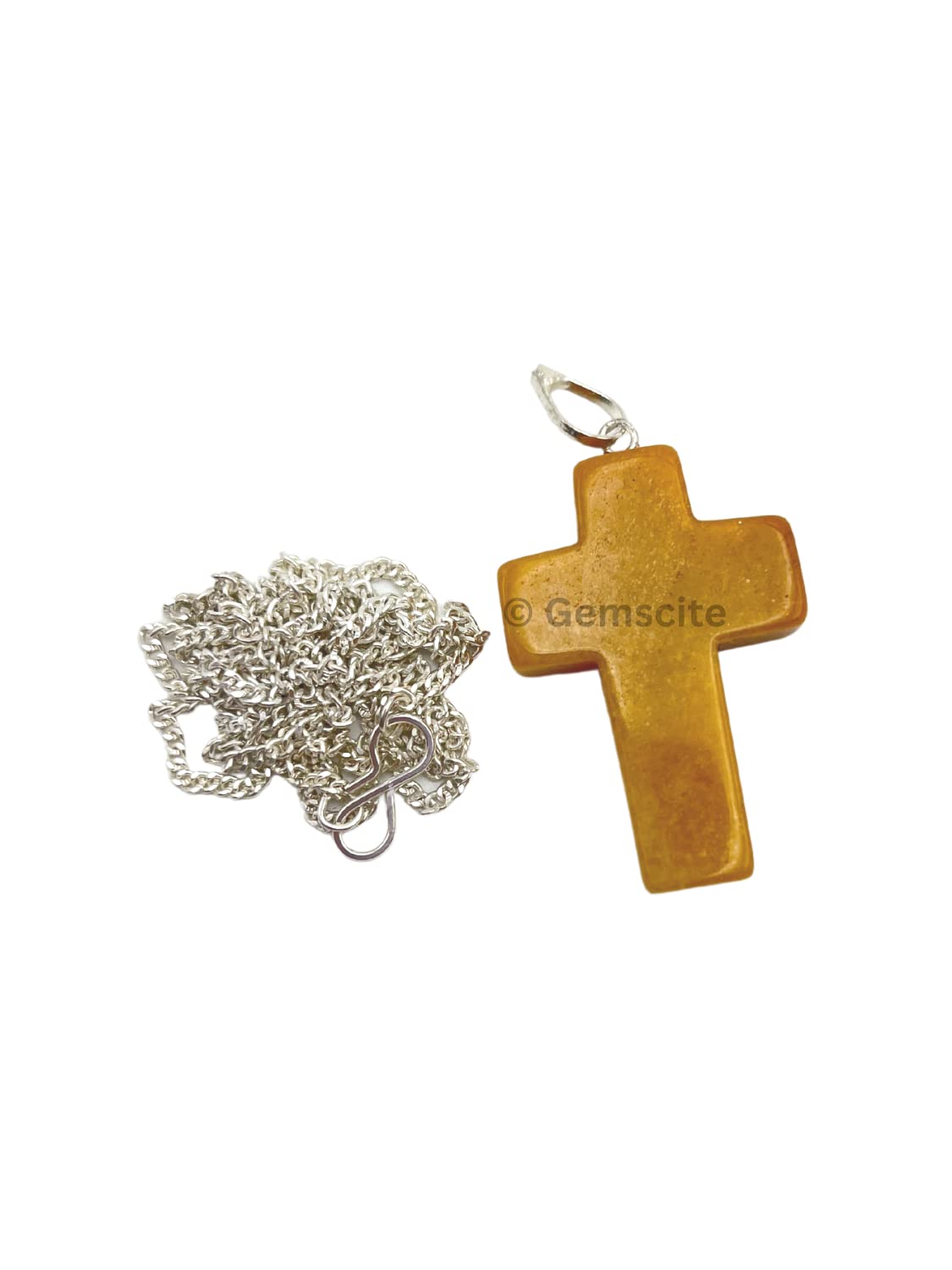 GEMSCITE Yellow Agate Cross Pendant close-up showing natural gemstone details.