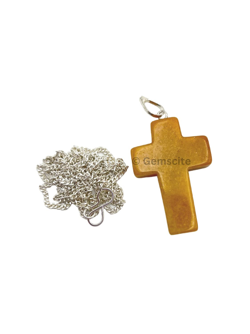 GEMSCITE Yellow Agate Cross Pendant close-up showing natural gemstone details.