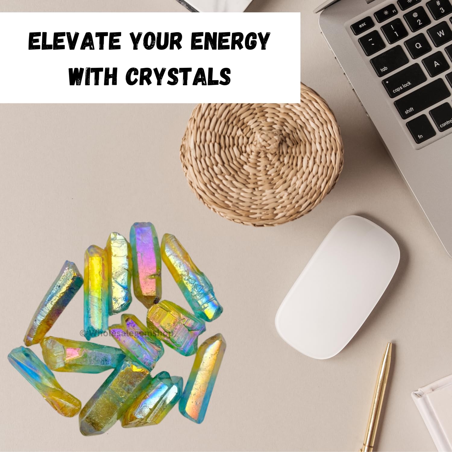 GEMSCITE Yellow Aqua Aura Quartz point displayed in a shelf setting