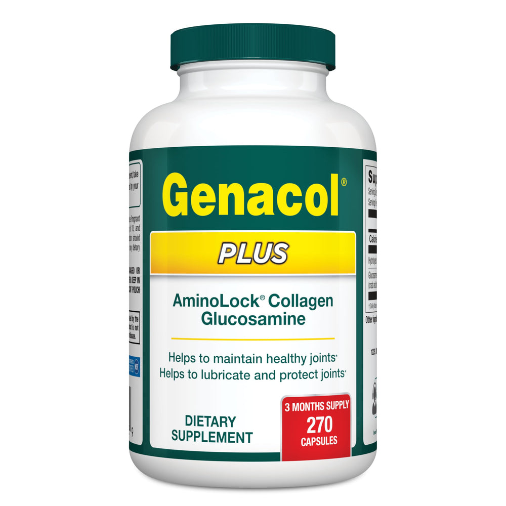 Genacol glucosamine and collagen bottle front signals joint support for daily activity.