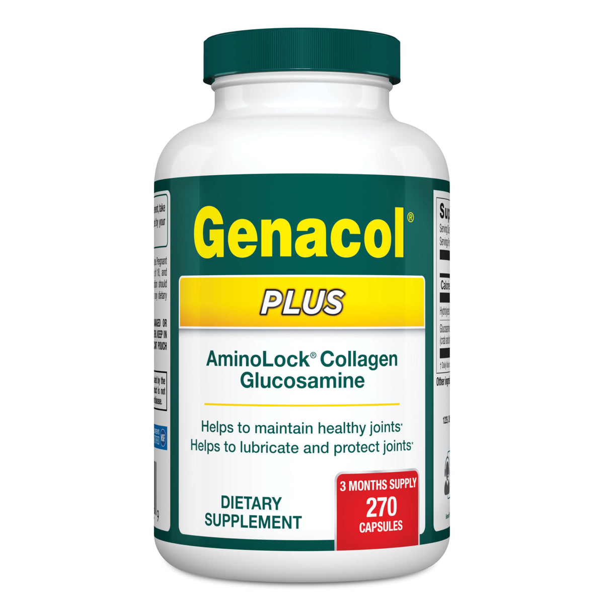 Genacol glucosamine and collagen bottle front signals joint support for daily activity.
