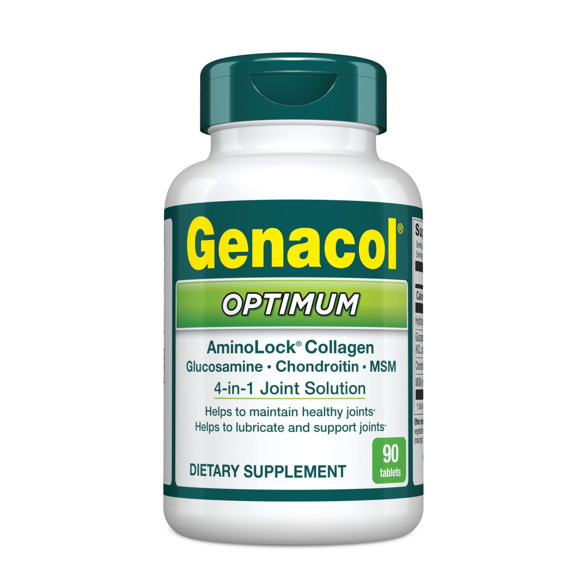 Genacol Optimum bottle front view with 90 tablets for joint support.