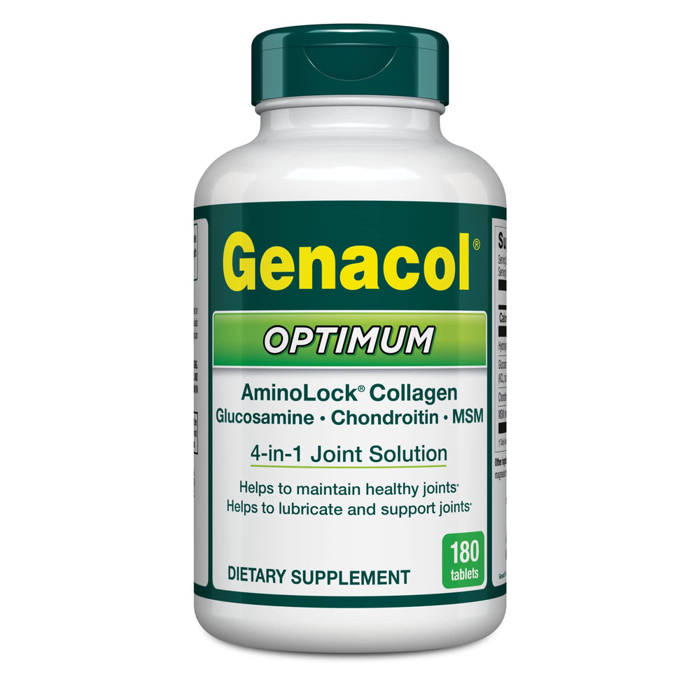 Genacol Optimum bottle front view, 180-count tablets, promoting flexible joints during daily activity
