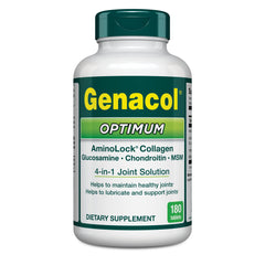 Genacol Optimum bottle front view, 180-count tablets, promoting flexible joints during daily activity