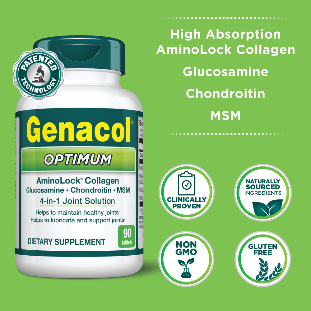 Genacol Optimum capsules close-up showing easy-to-swallow texture for daily use.