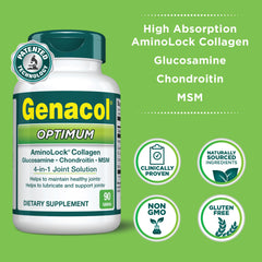 Genacol Optimum capsules close-up showing easy-to-swallow texture for daily use.