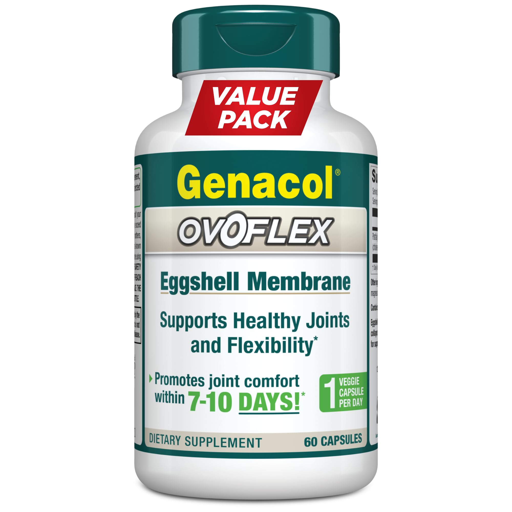 Genacol Ovoflex bottle close-up showing capsule packaging for joint support