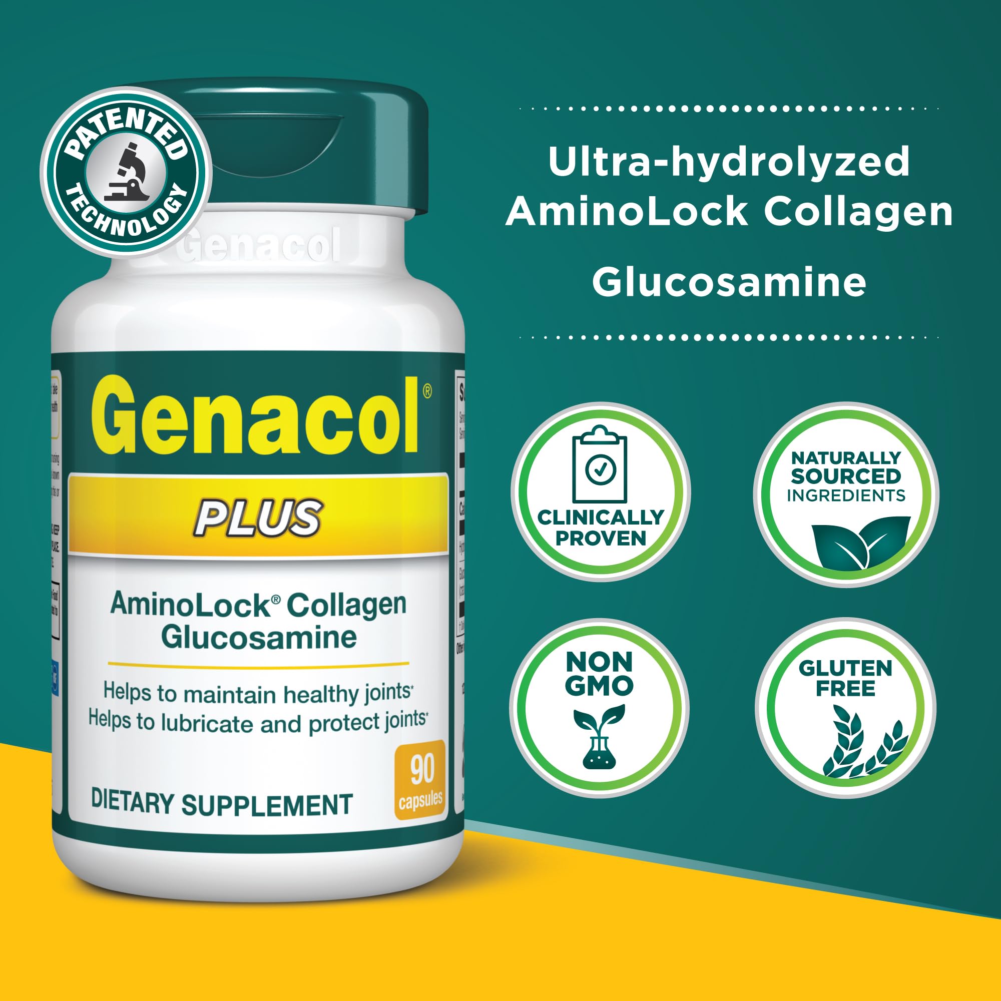 Genacol Plus AminoLock collagen graphic emphasizes joint strength and flexibility.