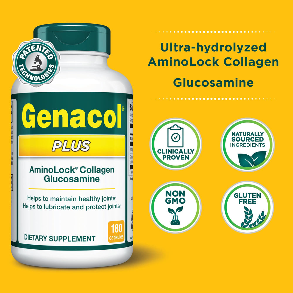 Genacol Plus bottle pour demonstrates easy dosing for ongoing mobility.
