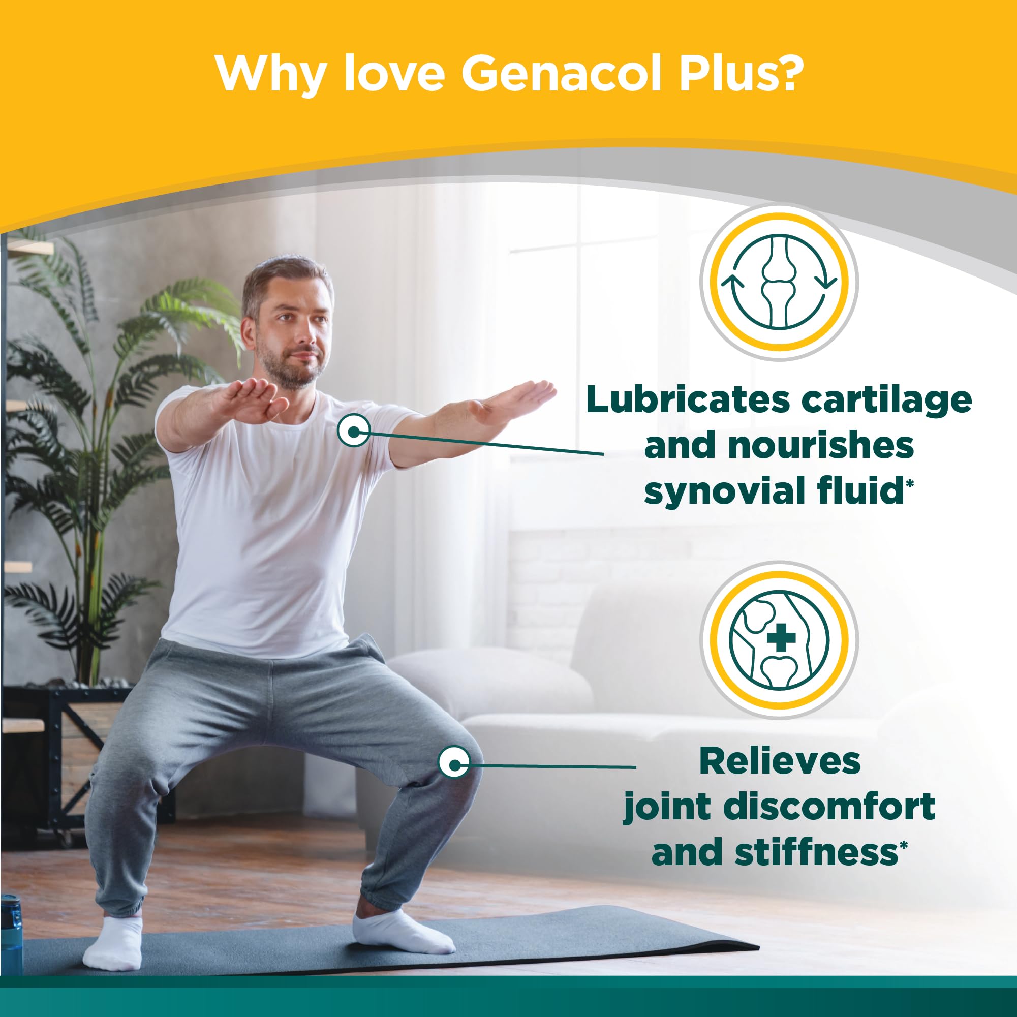 Genacol Plus cartilage care graphic shows long-term joint flexibility.