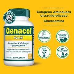 Genacol Plus label detail highlights collagen and glucosamine ingredients.