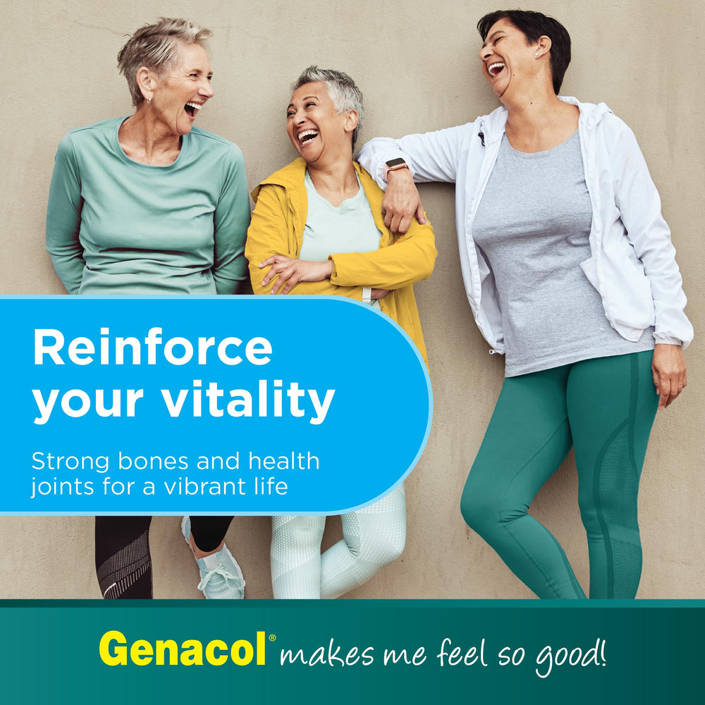 Genacol Vitamin D3 and calcium label communicates essential nutrients for bones.