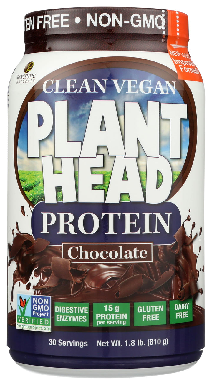 Genceutic Naturals Plant Head Protein chocolate tub on shelf, highlighting plant-based nutrition.