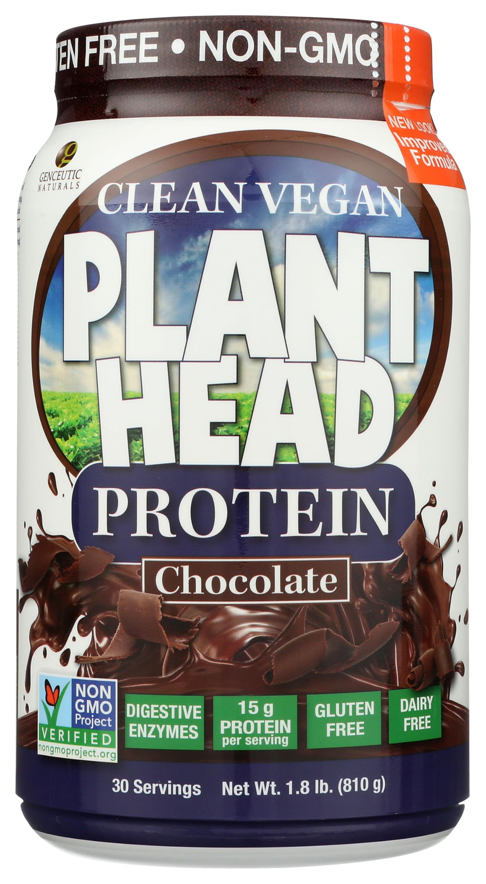 Genceutic Naturals Plant Head Protein chocolate tub on shelf, highlighting plant-based nutrition.