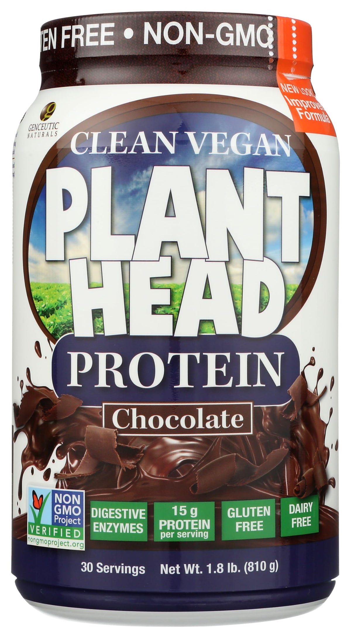 Genceutic Naturals Plant Head Protein chocolate tub on shelf, highlighting plant-based nutrition.