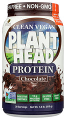 Genceutic Naturals Plant Head Protein chocolate tub on shelf, highlighting plant-based nutrition.