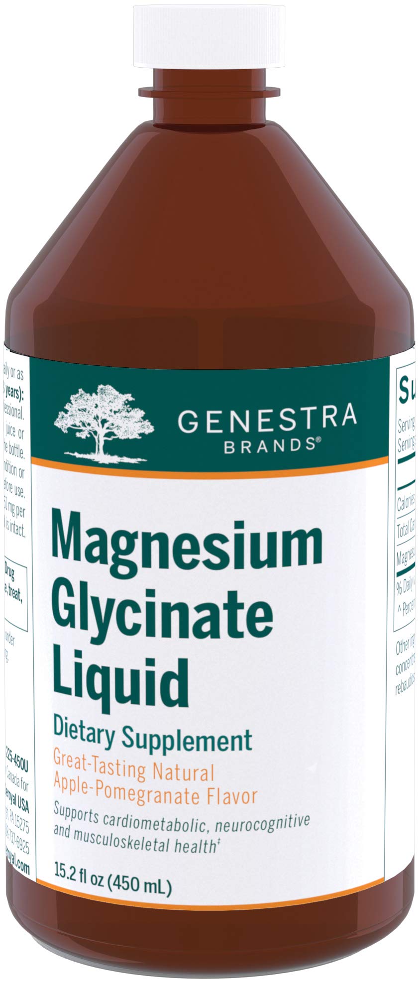 Genestra Brands Magnesium Glycinate Liquid apple pomegranate bottle highlights a flavorful daily option for muscle support.