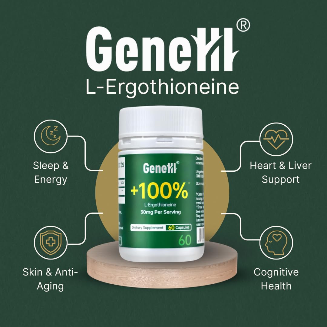 GENEIII ergothioneine capsules close-up highlighting 30 mg per serving.