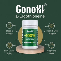 GENEIII ergothioneine capsules close-up highlighting 30 mg per serving.