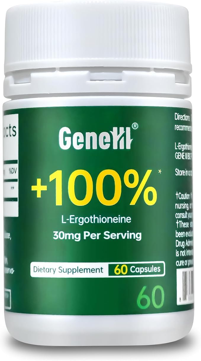 GENEIII L-Ergothioneine bottle and capsules support immune health and vitality.
