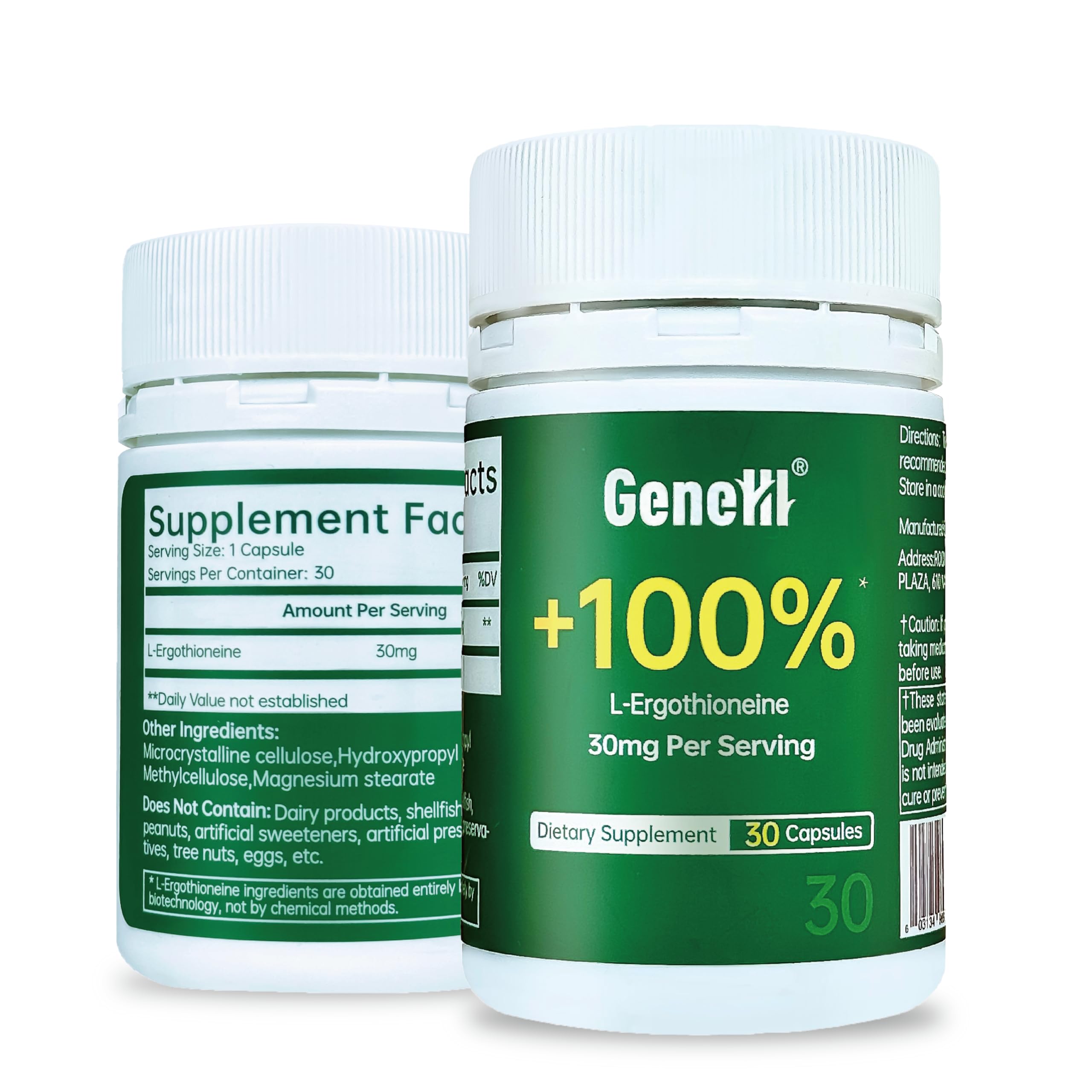 GENEIII L-Ergothioneine bottle-front showing 30 mg per serving for daily antioxidant support.