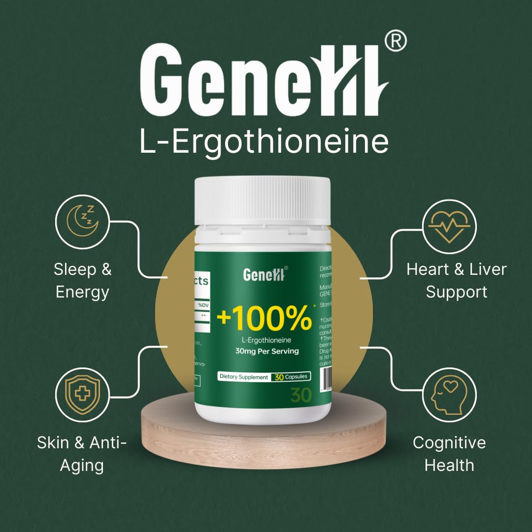 GENEIII L-Ergothioneine capsules-closeup, 30 mg per capsule for mitochondrial support.