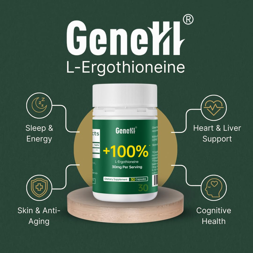 GENEIII L-Ergothioneine capsules-closeup, 30 mg per capsule for mitochondrial support.