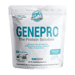 GENEPRO GEN. 3 unflavored protein powder bottle highlights lactose-free and gluten-free formula.