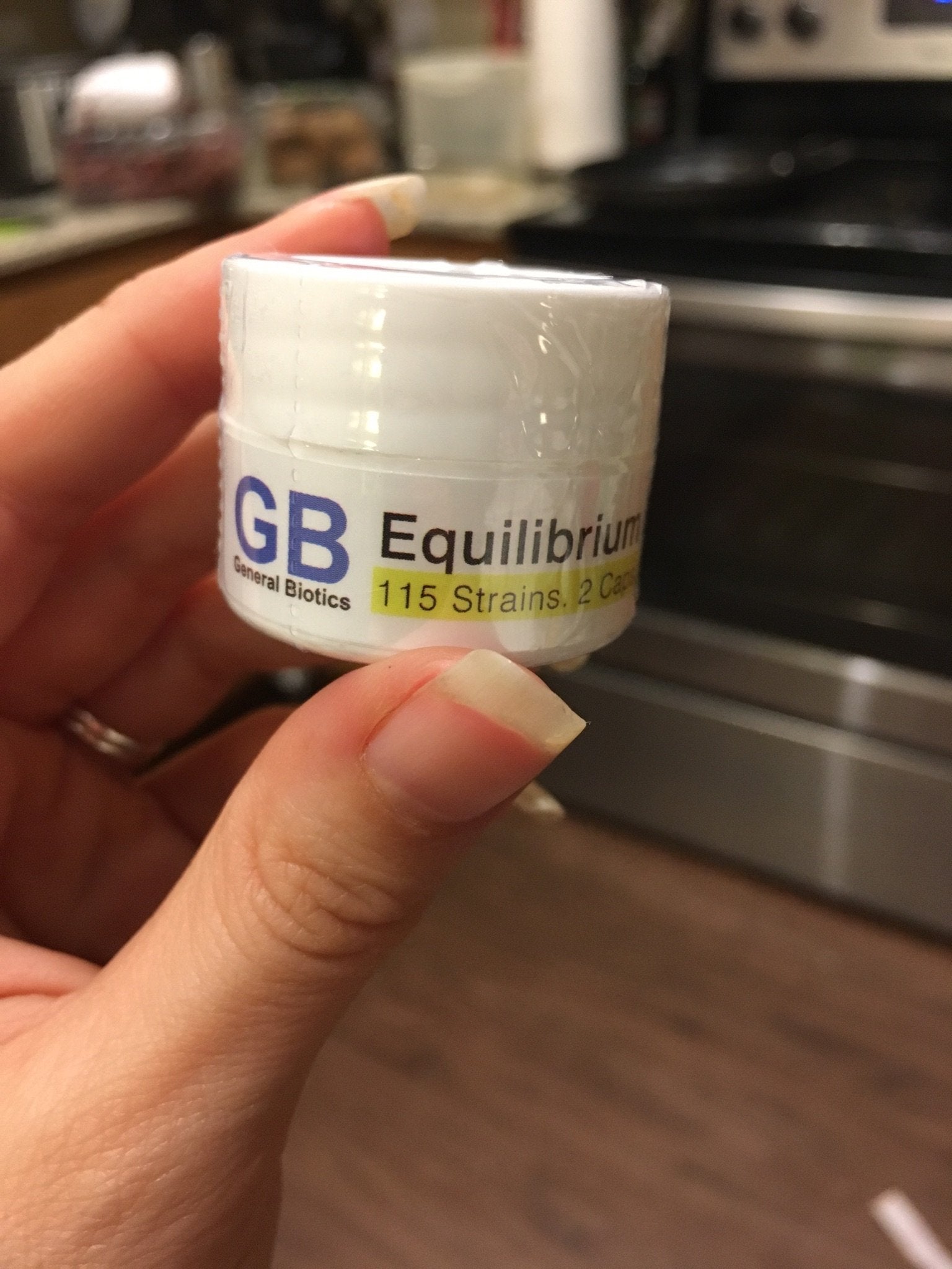General Biotics Equilibrium Boost label close-up highlighting the 115-strain spectrum.
