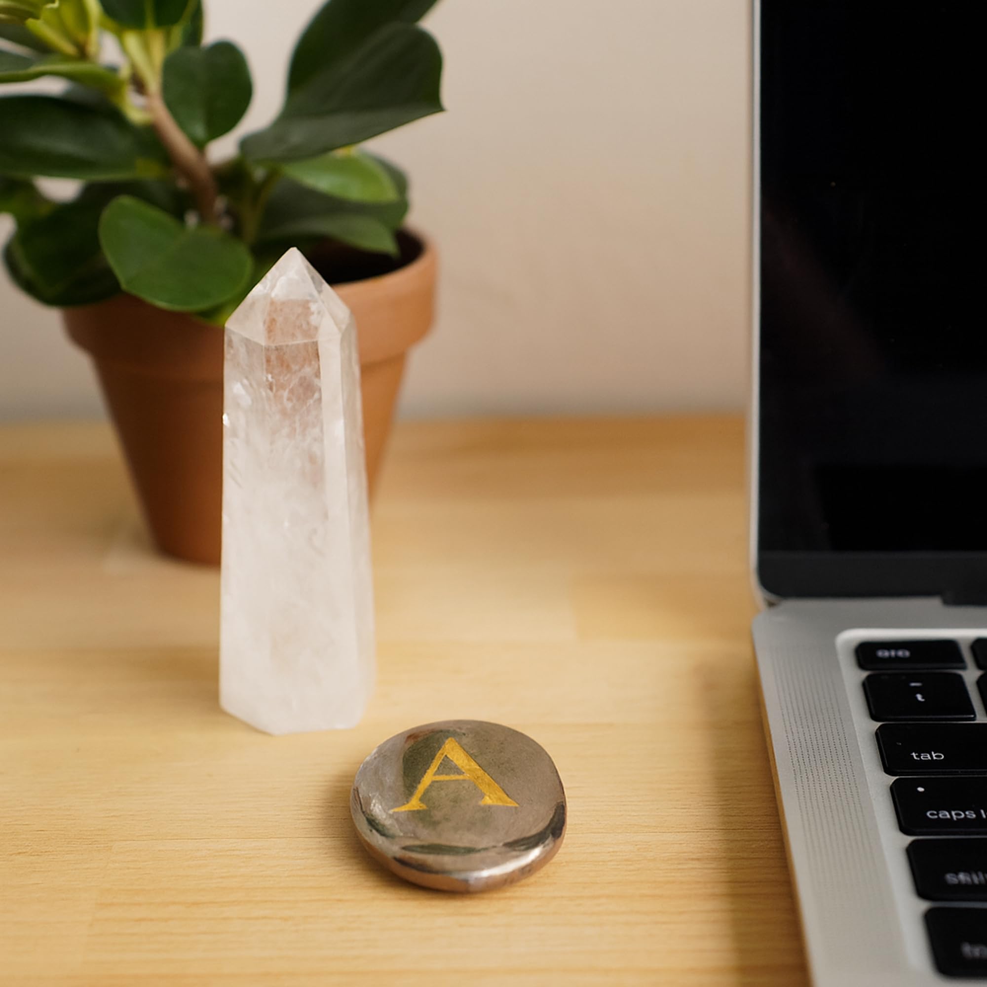 Alphabet engraving on Pyrite coin with initials for a personal talisman