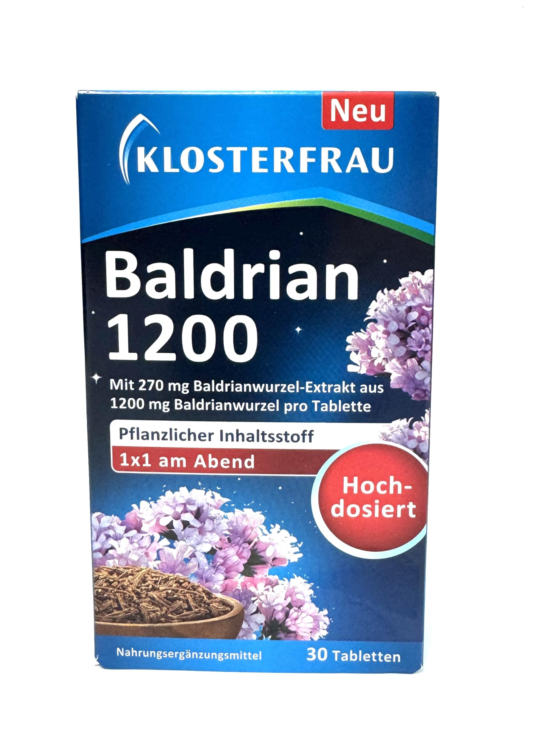 Generic Baldrian 1200 bottle packshot showing a vegan, lactose-free formula for nightly relaxation