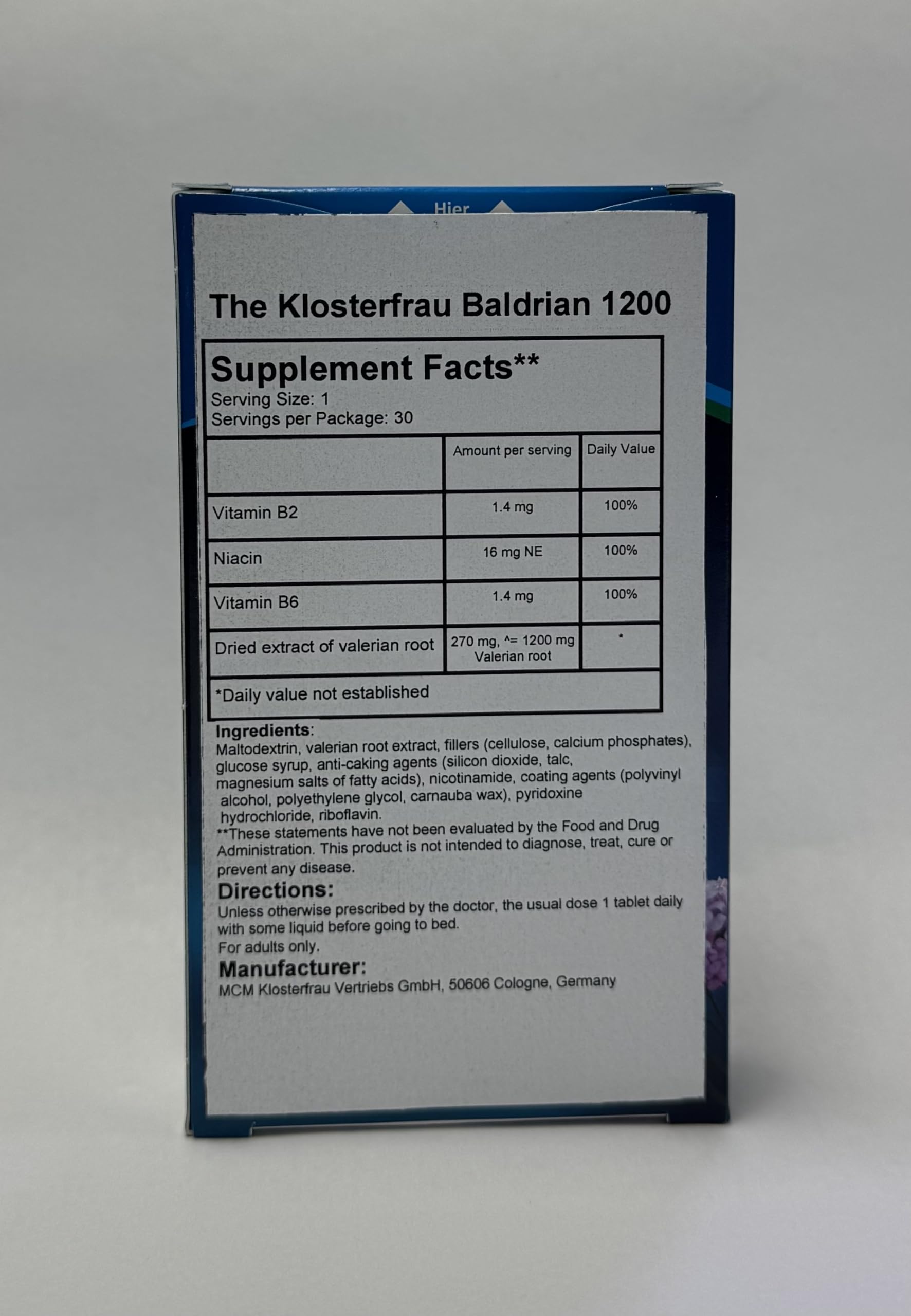 Generic Baldrian 1200 valerian root dry extract tablet closeup for evening use