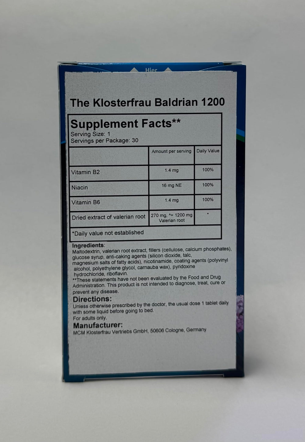 Generic Baldrian 1200 valerian root dry extract tablet closeup for evening use