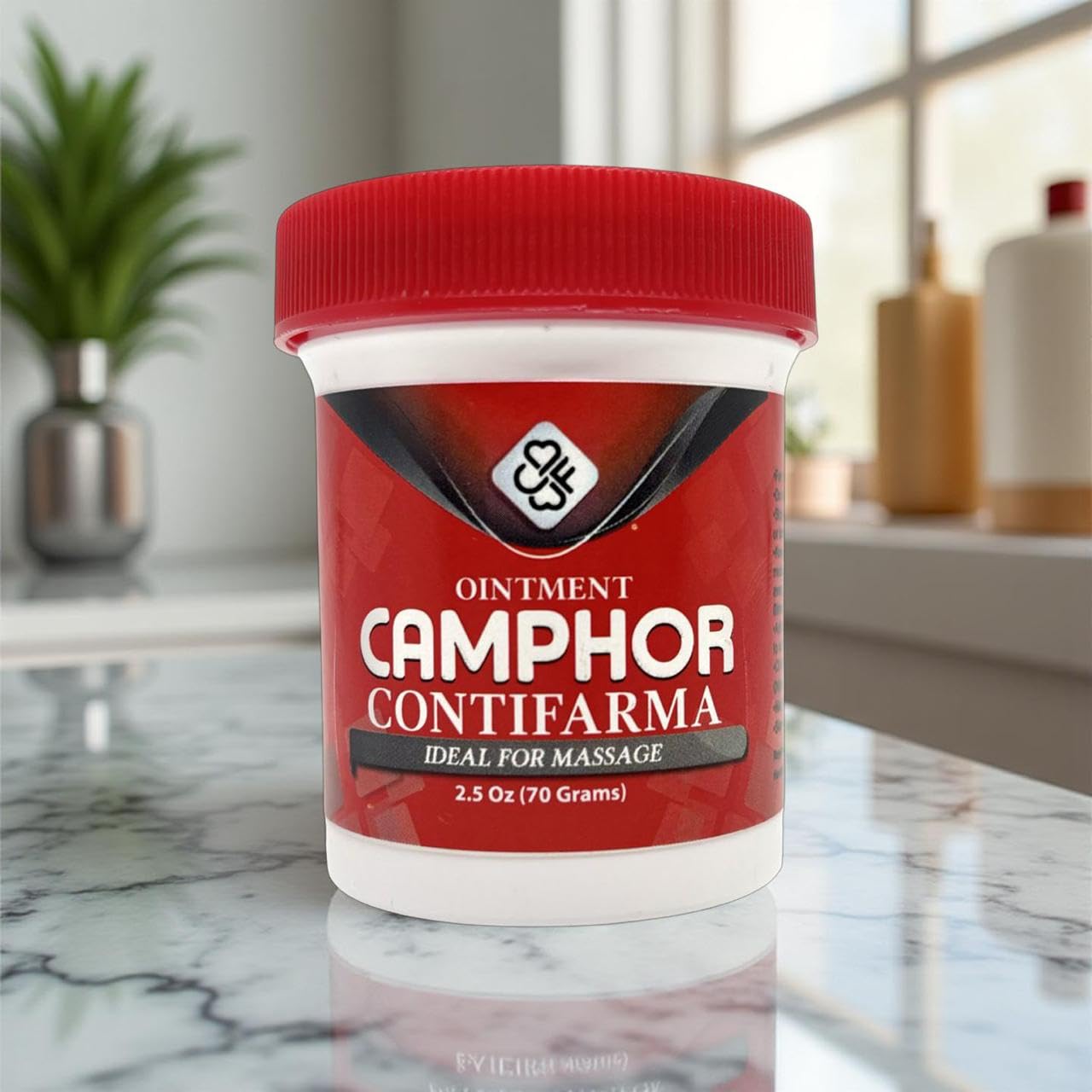 Portable 2.5 oz Camphorn Ointment fits gym bag or desk drawer.