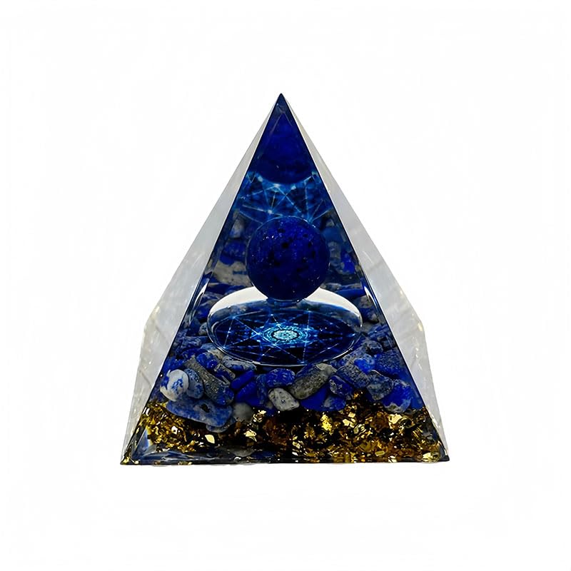 Generic Handmade Orgone Pyramid amethyst-obsidian closeup on desk; boosts focus and calm