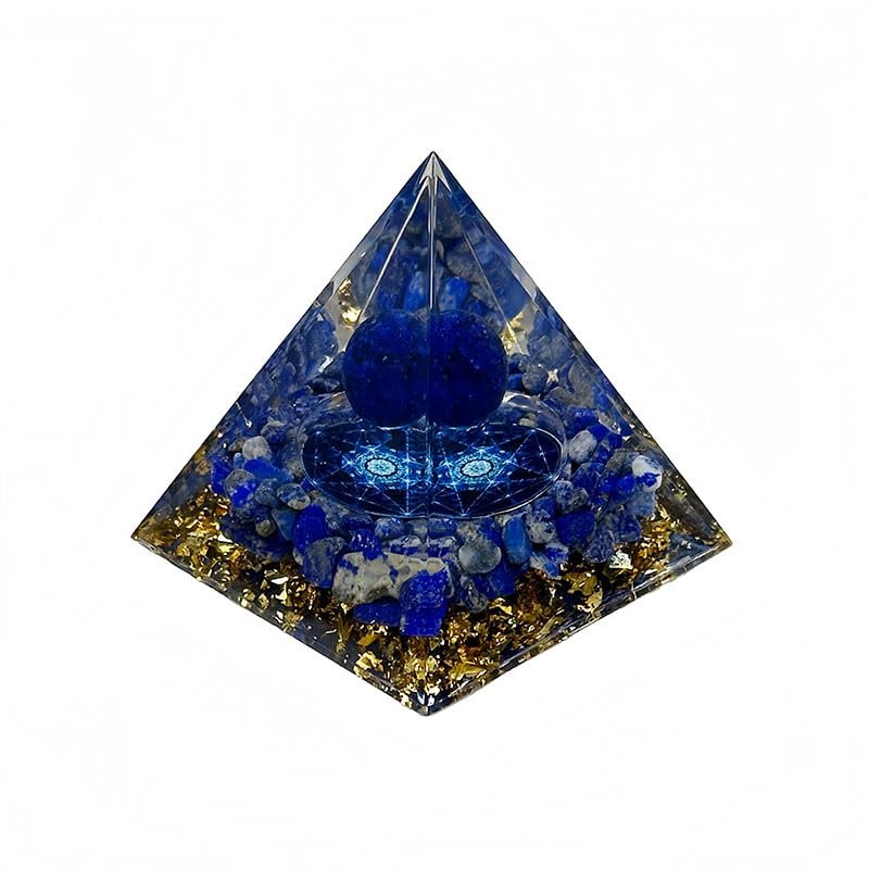 Generic Handmade Orgone Pyramid amethyst-obsidian on desk scene; supports meditation and balance