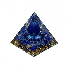 Generic Handmade Orgone Pyramid amethyst-obsidian on desk scene; supports meditation and balance