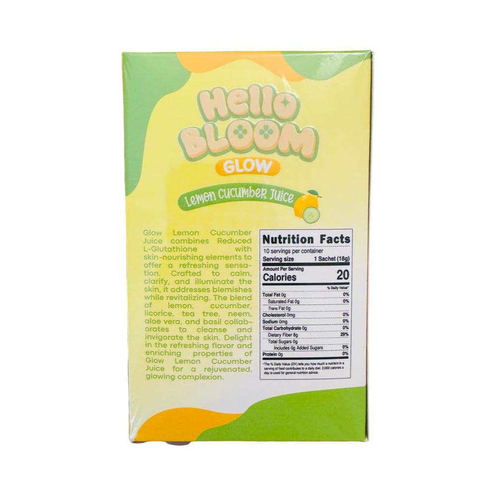 Generic Hello Bloom Glow glass pour highlights a refreshing drink for a glowing skin routine.