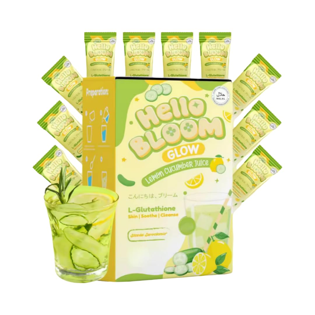 Generic Hello Bloom Glow lemon cucumber powder packaging for easy daily skin hydration ritual.