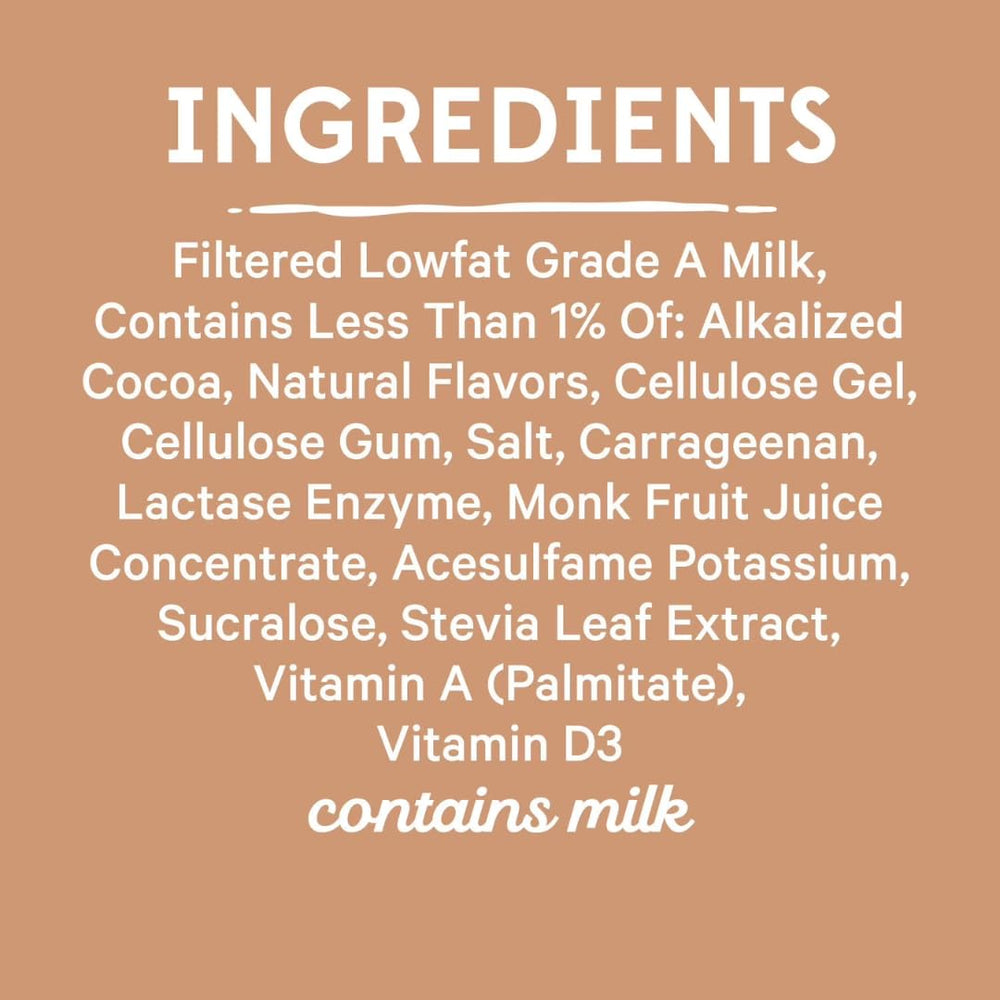 Generic chocolate bottle showing low sugar and 150 calories per bottle