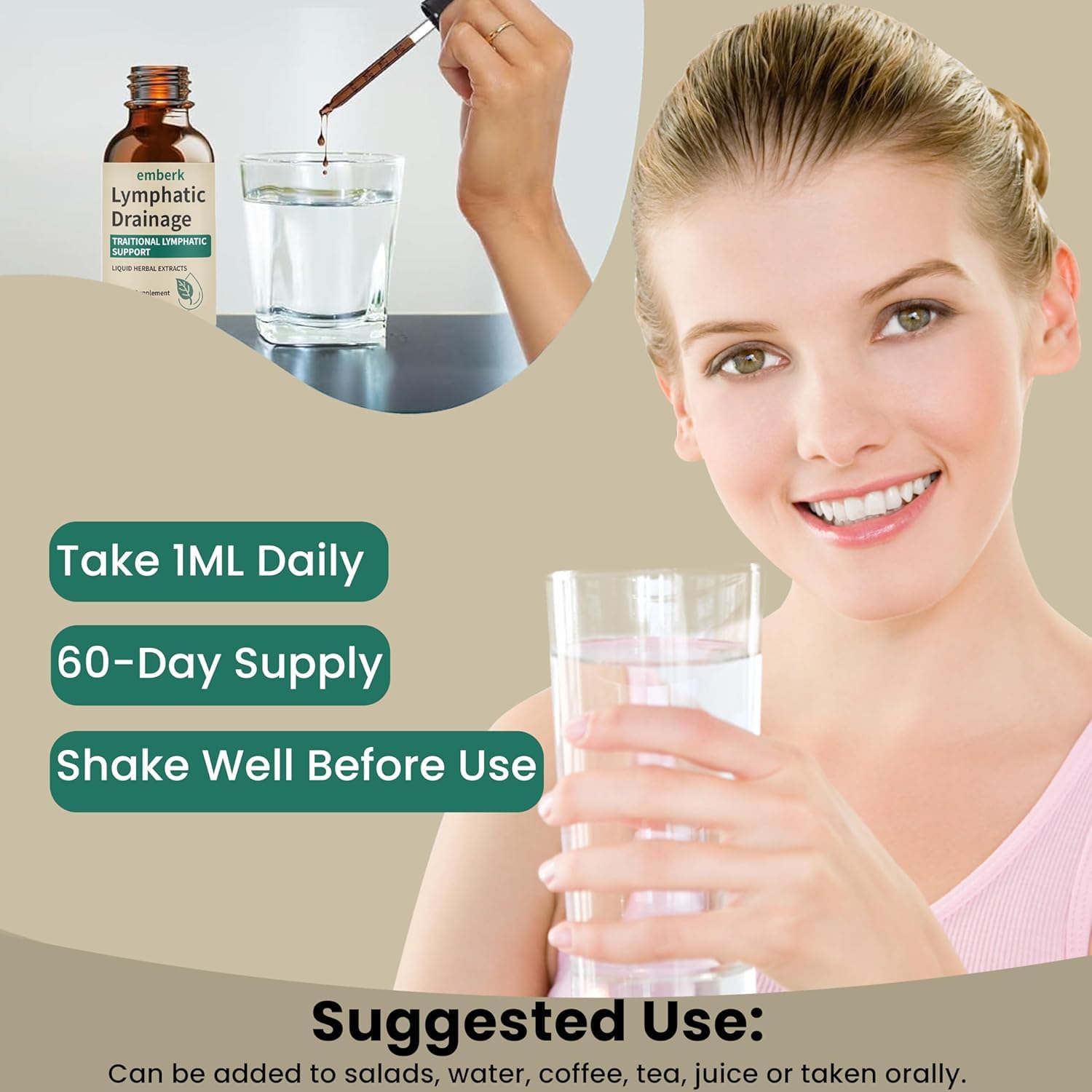 Generic Lymphatic Drainage Drops usage scene with water glass, convenient daily ritual