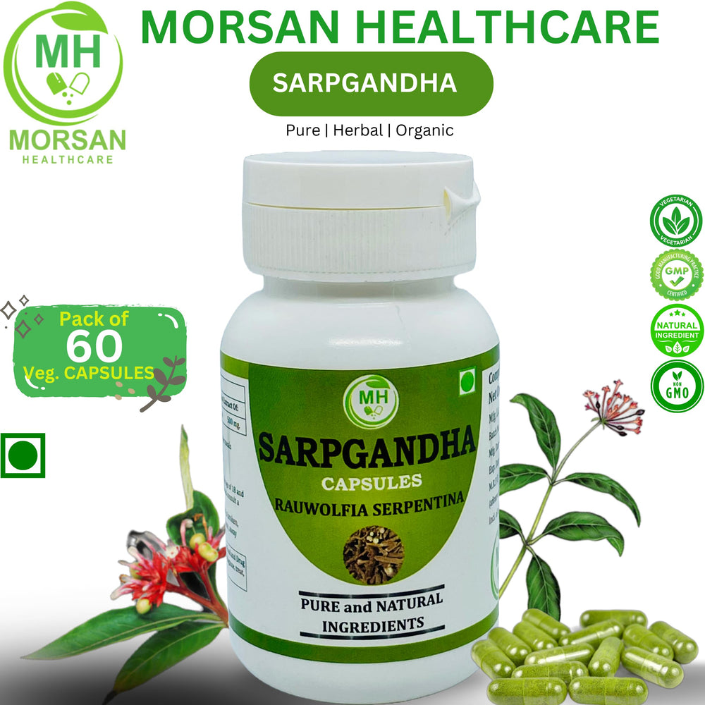 Side view of Generic Morsan Sarpgandha bottle showing product details and vegan formula.