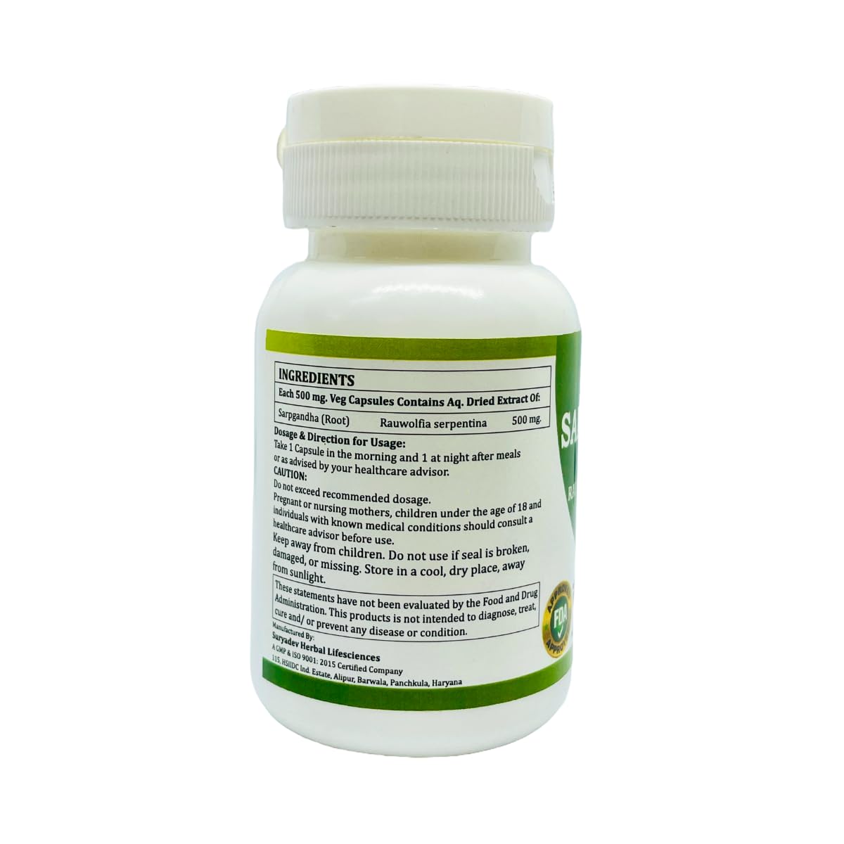 Generic Morsan Sarpgandha capsules inside bottle ready for morning and night use.