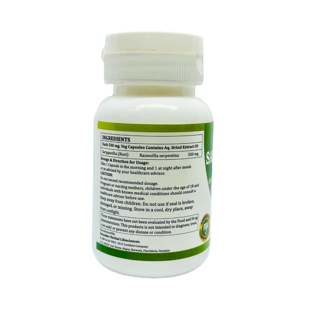 Generic Morsan Sarpgandha capsules inside bottle ready for morning and night use.