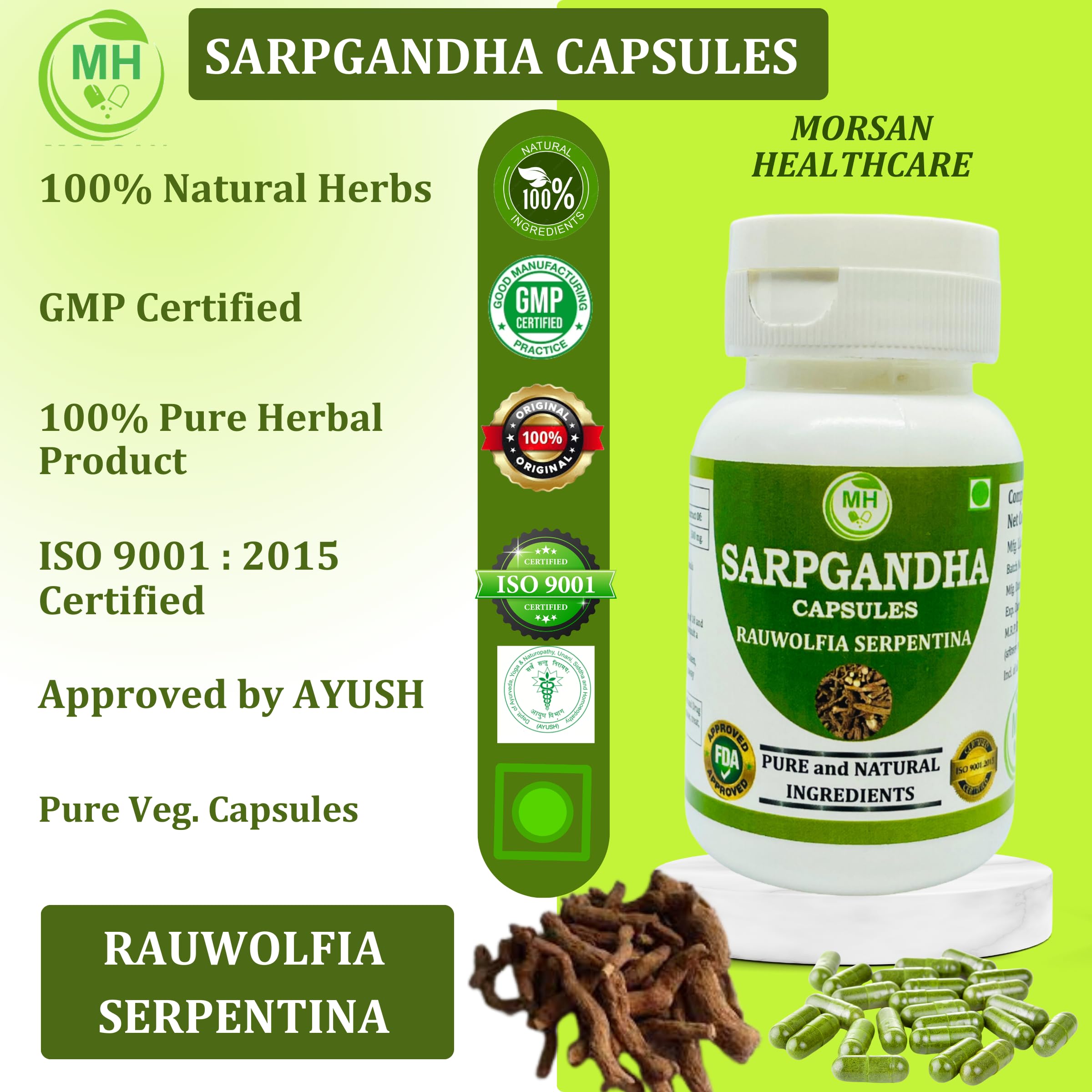 Generic Morsan Sarpgandha vegan capsules resting on a neutral surface.