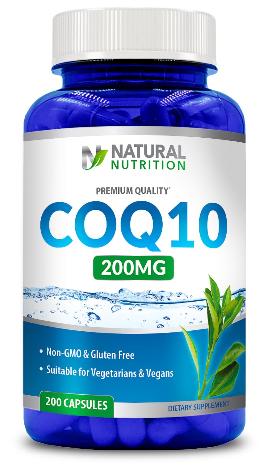Generic Natural Vitamin CoQ10 200mg bottle with easy-to-swallow capsules for daily energy support.